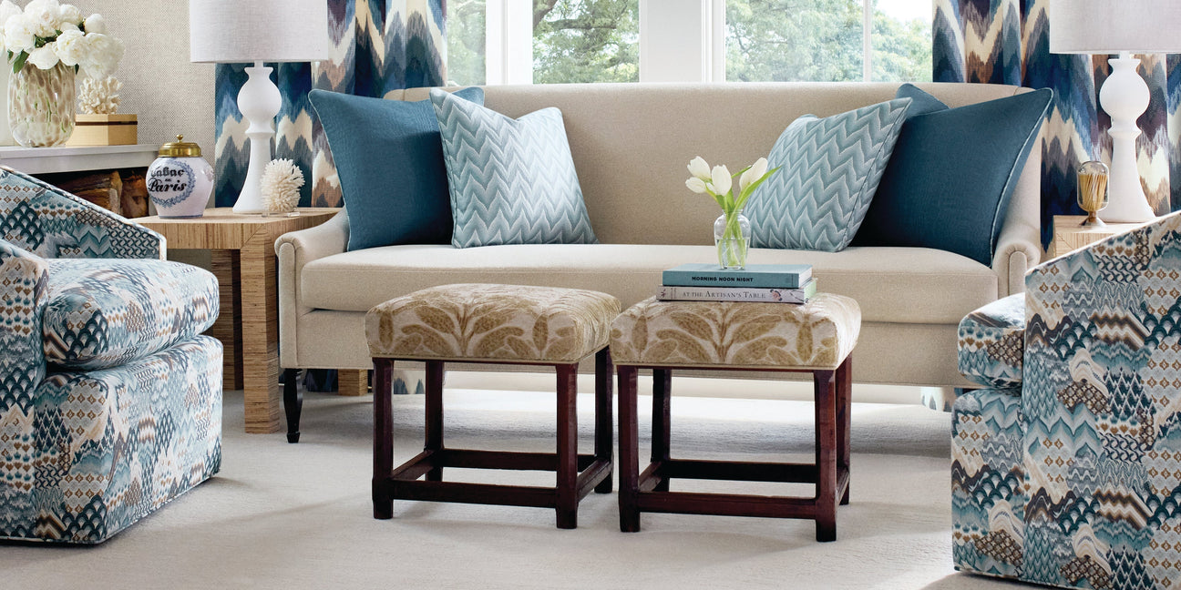 blue and beige living room, Anna french fabric