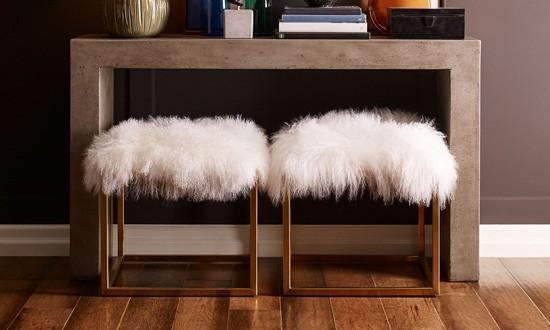 console tables, benches, bench seating, white fuzzy upholstered bench seating, vanity seating, grey console table, gold legged bench seating, lamb fur benches, designer furniture