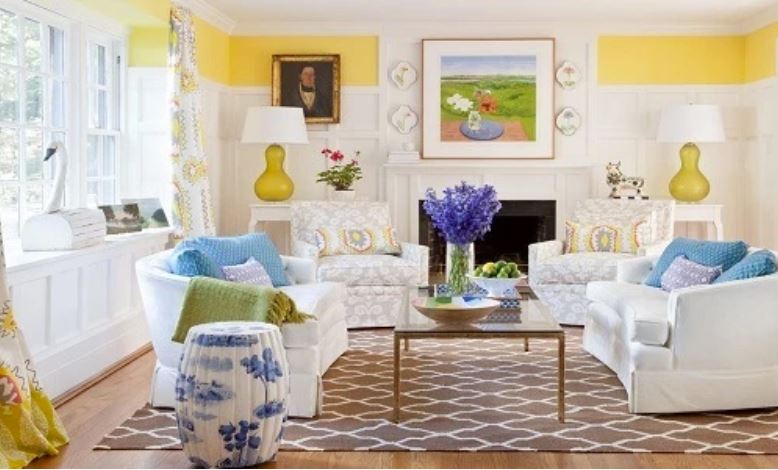 traditional Living room by Dana Gibson with white sofas and blue accents
