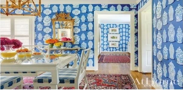 Blue and white Asian style dining room with Stroheim Canton Cobalt Blue Wallpaper