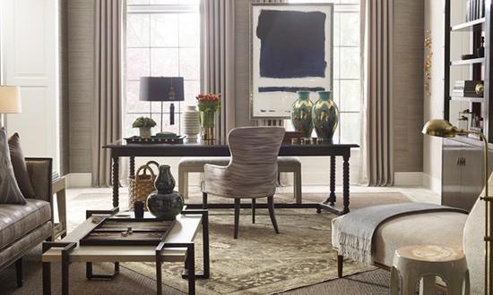luxurious home office, dark wood desk, grasscloth wallpaper, beige area rugs, beige upholstered chaise lounge, beige drapery fabric, wood coffee table, gold floor lamp, grey table lamp, home office desks, executive desks