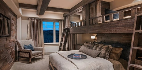 Rustic master bedroom and wood bunk beds