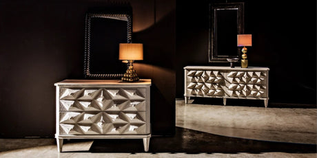 noir dressers, geometric design dressers, geometric table lamps, framed mirrors, designer furniture, designer dressers, moody interior designing, dark walls, metal table lamps, gold table lamps