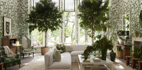 green wallpaper with leaves, biophilic design, Alessandra Branca Dallas Kips Bay Showhouse, biophilic design living room, layered green tonedesign, biophilic green throw pillows, green plaid upholstery fabric, white coffee table, green planters