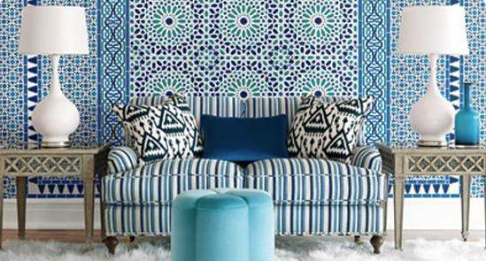 Blue mosaic design wallpaper, Schumacher Nasrid Palace wallpaper, blue striped sofa, boho style