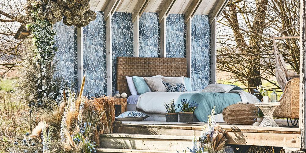 blue bedroom, blue wallpaper, Harlequin fabric