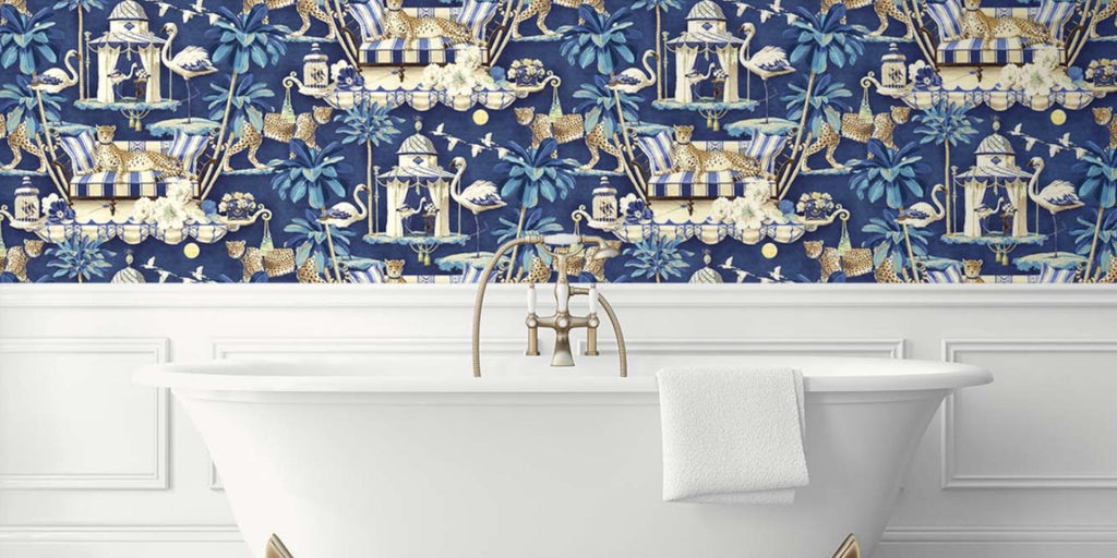 blue toile wallpaper, chinese wallpaper, Harrison Howard peel and stick wallpaper