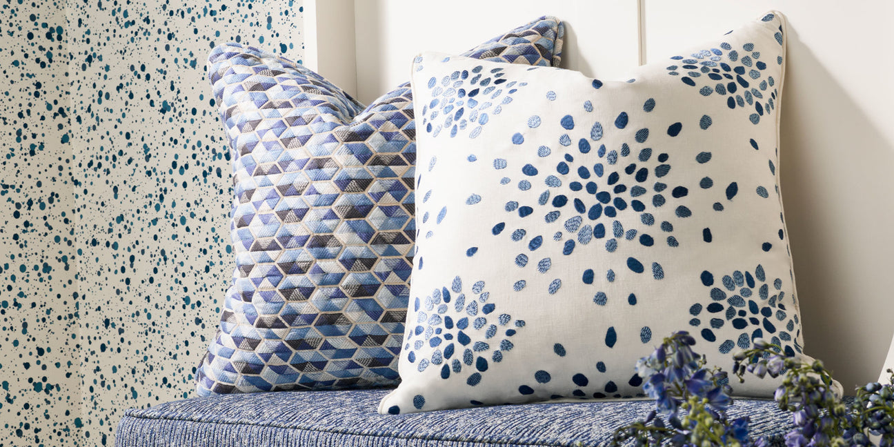 hinson fabric, hinson throw pillows, blue abstract fabric, blue throw pillows, hinson, scalamandre fabric, scalamandre, scalamandre throw pillows, throw pillows, upholstery fabric, blue geometric fabric, blue and white design, blue interior design