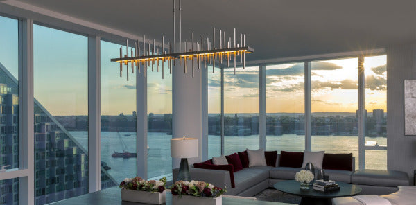 city dining room, metal chandelier, cityscape pendant, hubbardton forge, dining room lighting