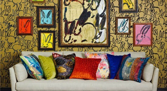 hunt slonem fabric wallpaper groundworks yellow blue red orange pink rabbits cushions wall 