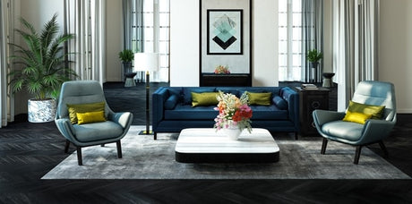 JF Fabrics, livingroom with blue velvet sofa, lime green pillows