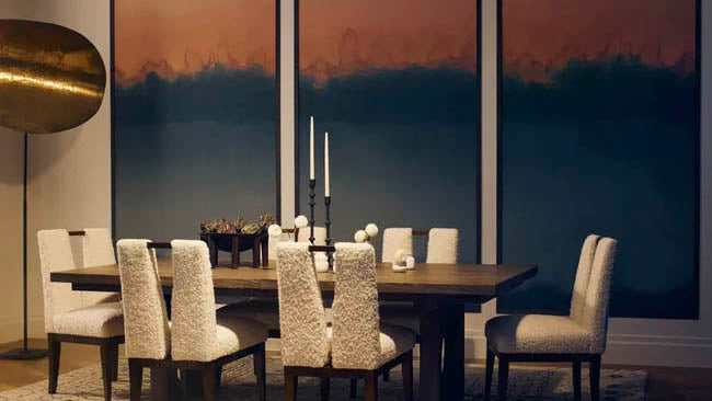 luxury modern dining room, Kravet Joseph altuzarra fabric and wallpaper, white dining chairs, Colorscape Panel,mural of a sunset