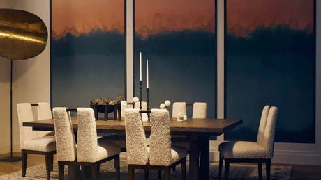 luxury modern dining room, Kravet Joseph altuzarra fabric and wallpaper, white dining chairs, Colorscape Panel,mural of a sunset