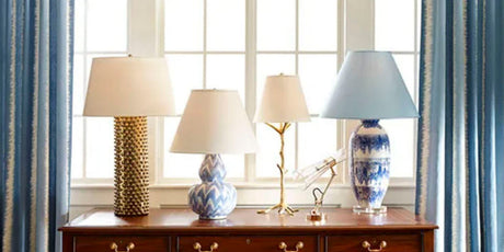 designer lighting, designer table lamps, blue and white abstract table lamp, white lampshades, blue lampshade, gold metal table lamps, gold metallic branch table lamp, jamie young, surya, db by decoratorsbest, NOIR, hubbardton forge, designer lamps