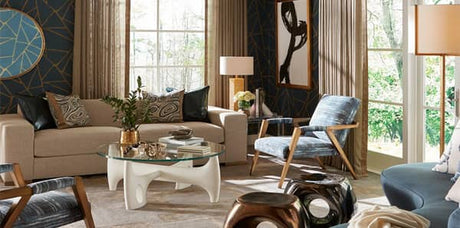 beige sofa, blue chairs, grey abstarct wallpaper, linherr hollingsworth wallpaper, kravet Boheme