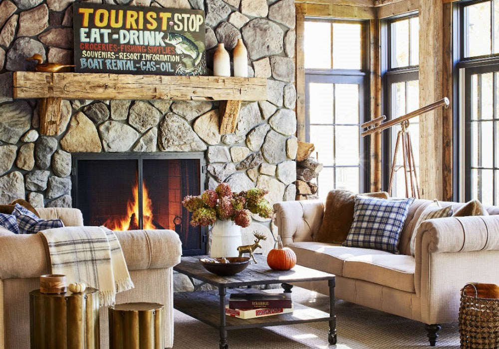 cozy livingroom, livingroom with fireplace, livingroom with stone mantel, plaid throw pillows, blue plaid throw pillows