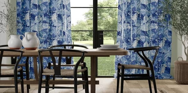 dining room with blue drapery blue drapery fabric, blue abstract fabric, blue floral fabric