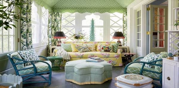 madcap cottage fabric, madcap cottage wallpaper, living room with floral patterns, wallpapered ceiling, yellow sofa,