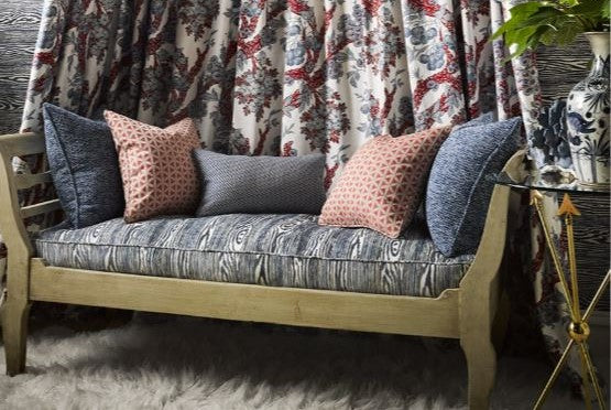 Faux Bois Fabric, bench cushion upholstered with Muir Woods fabric