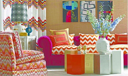 jonathan adler fabrics orange red yellow white sofa couch zigzag pattern curtains cuchions