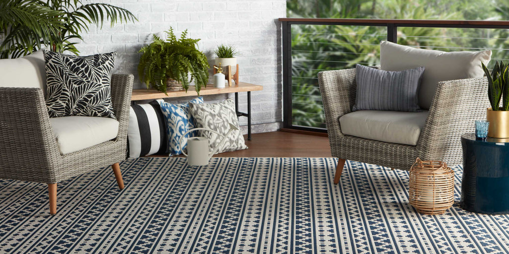 indoor outdoor rug, blue stripe rug, outdoor furniture