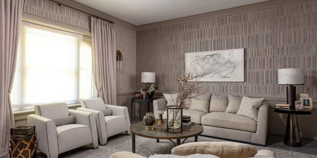 grey living room, grey family room, kips bay new york showhouse 2023, penny drew baird grey living room, grey wallpaper, abstract wallpaper, grey area rug, grey upholstered sofa, grey upholstered chairs, neutral design, grey throw pillows, pale grey