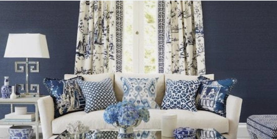 blue living room, asian living room, navy and white living room, blue pillows, navy and white pillows