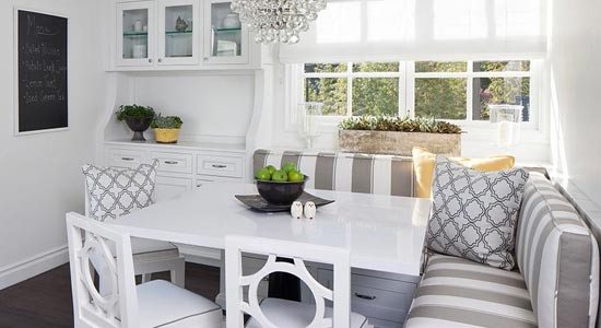 Pindler Fabric, bench cushion and throw pillows upholstered using Pindler pattern fabrics.