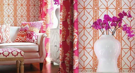 Pink throw pillows in Dana Gibson fabric for Stroeheim