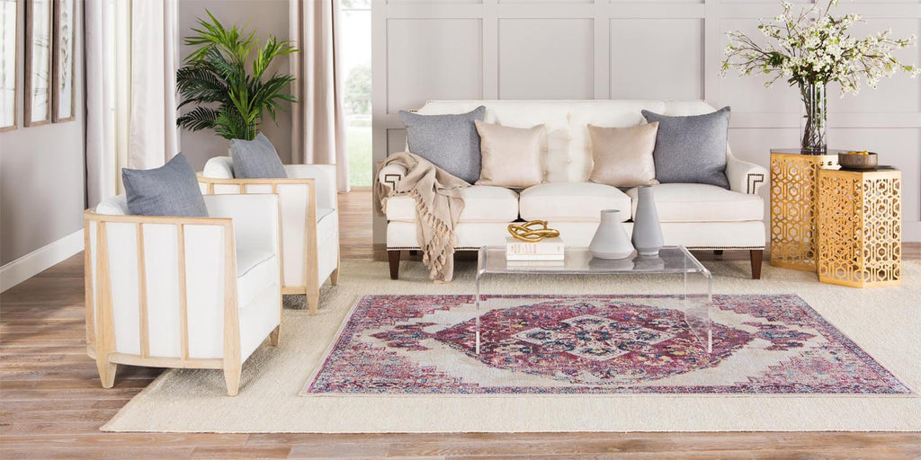 purple rug, medallion rug, traditional rug, white sofa