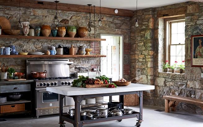 Rustic fabric , stone wall in kitchen, farmhouse kitchen