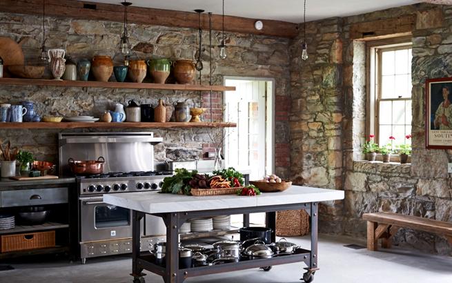 Rustic fabric , stone wall in kitchen, farmhouse kitchen