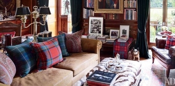 Library with plaid pillows, holiday decor