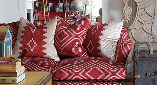 Red throw pillows in American Indian pattern by Ralph Lauren
