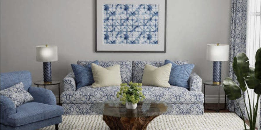 blue living room, blue and white living room, navy and white living room, blue fabric, blue lamps, blue club chair