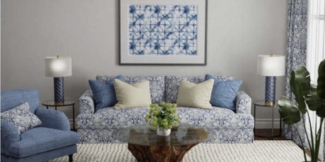 blue living room, blue and white living room, navy and white living room, blue fabric, blue lamps, blue club chair