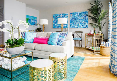 red, white ,blue living room, nautical decor, blue grasscloth, red sofa, red couch