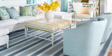 thibaut, thibaut wallpaper, blue and white livingroom, white sofa, aqua livingroom, aqua barrel chairs