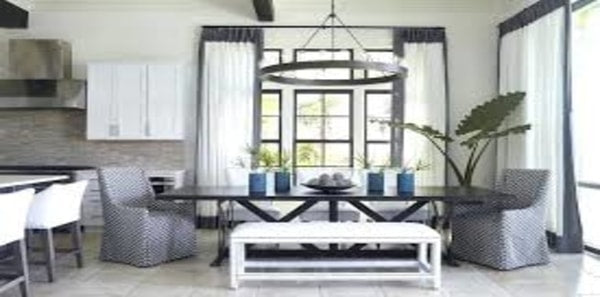 Dining area with wood trestle table