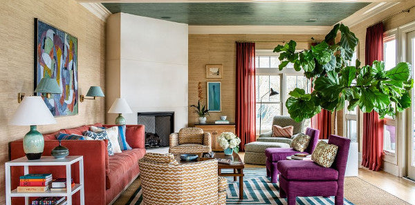 living room with  grasscloth walls and red sofa, purple club chairs; veranda; angie hranowsky Austin Tx