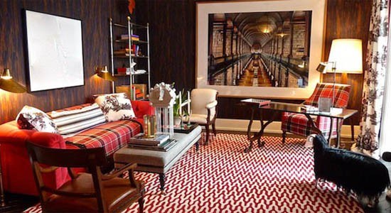 plaid fabrics red orange scottish traditional masculine pattern couch sofa chair carpet