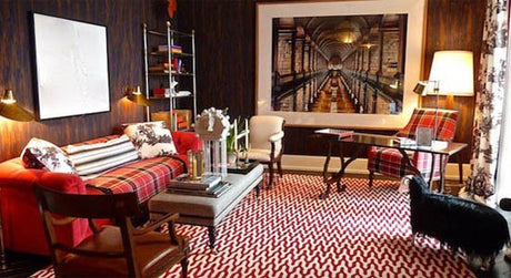 plaid fabrics red orange scottish traditional masculine pattern couch sofa chair carpet