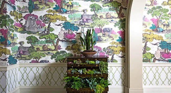 architectural details wallpaper colors white blue yellow green pink trees wall