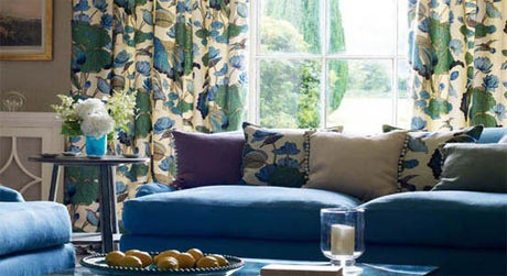 floral fabrics green blue yellow pattern couch sofa cushions curtains