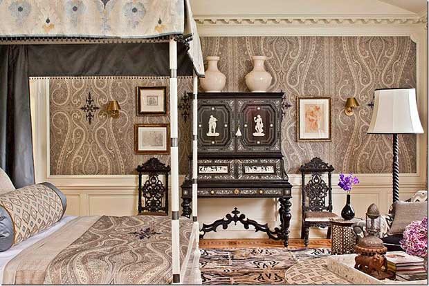 paisley fabrics brown white pattern bedroom walls bed carpet