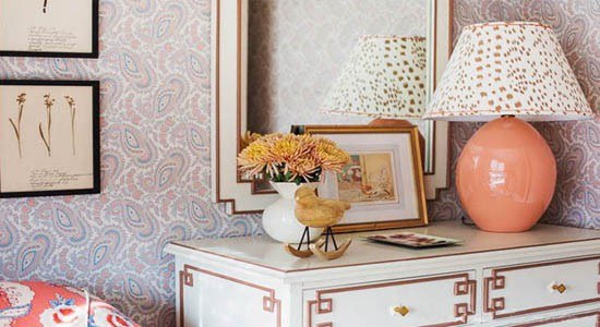 paisley wallpaper blue red brown pattern wall bedroom