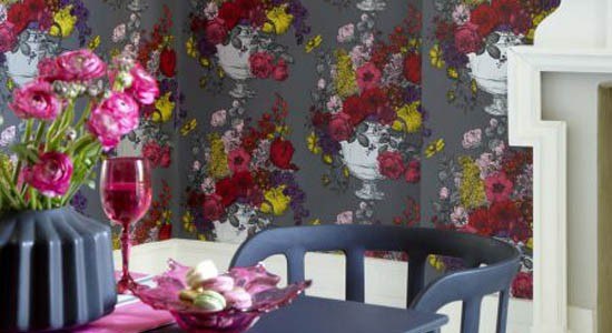 floral wallpaper romantic feminine flowers white red pink yellow gray wall