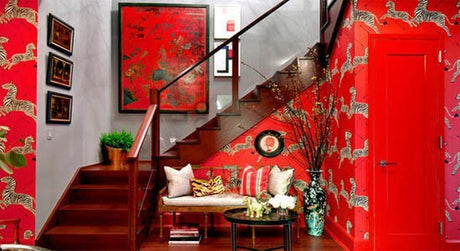 animal wallpaper red white zebras black arrows wood stairs