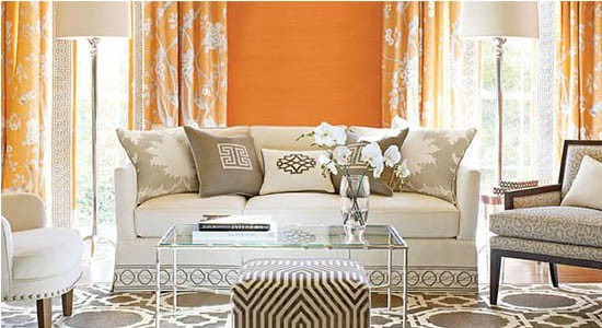 asian fabrics orange natural patterns curtains white couch gray carpet