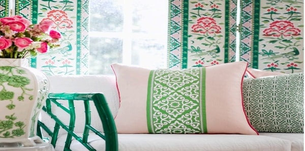 green trim, scalamandre green trim on pink pillow